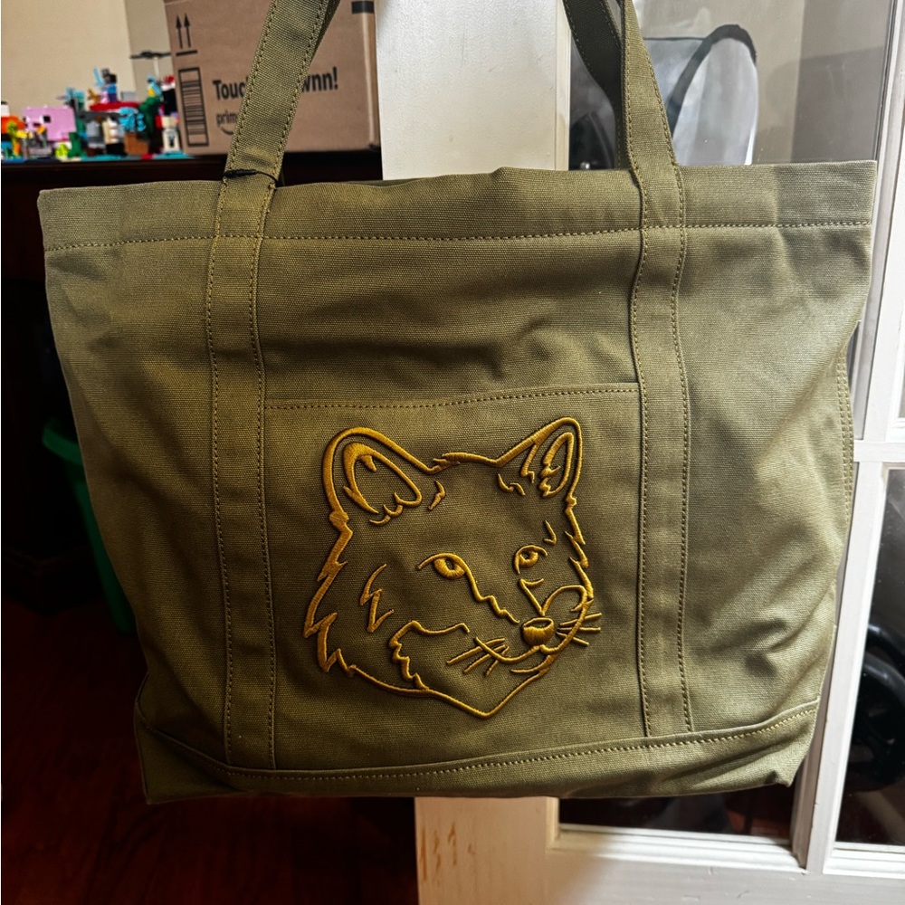 MAISON KITSUNE Khaki Tote with Fox Detail